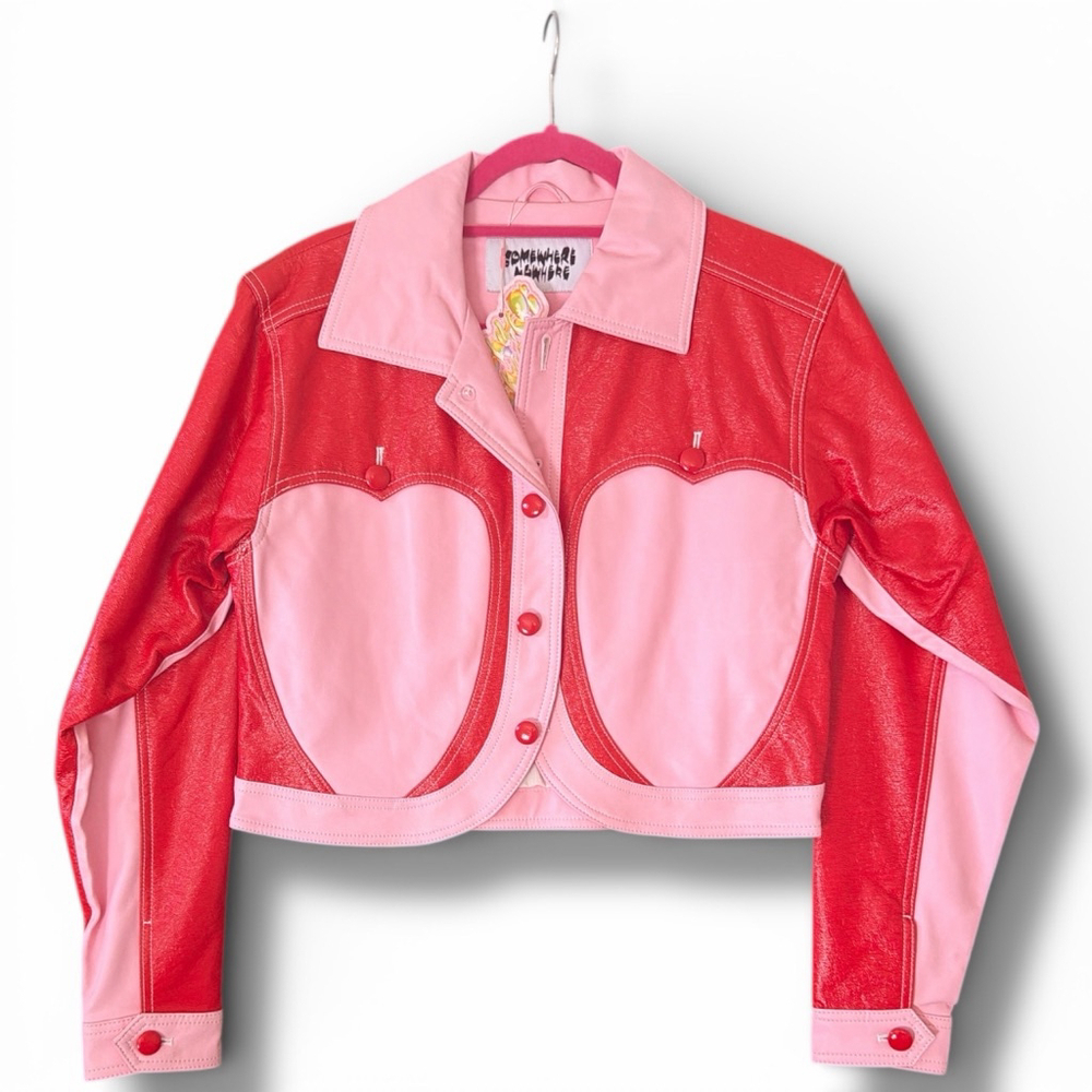 Somewhere Nowhere Red Pink Duo Heart Vegan Leather Jacket XS